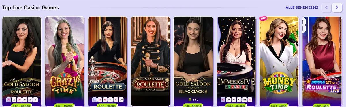 “Top Live Casino Games” carousel showing multiple live dealer thumbnails (roulette, blackjack, Crazy Time, Immersive Roulette, Money Time), each featuring a host image and game title, with an “Alle sehen (292)” view-all link and navigation arrows.