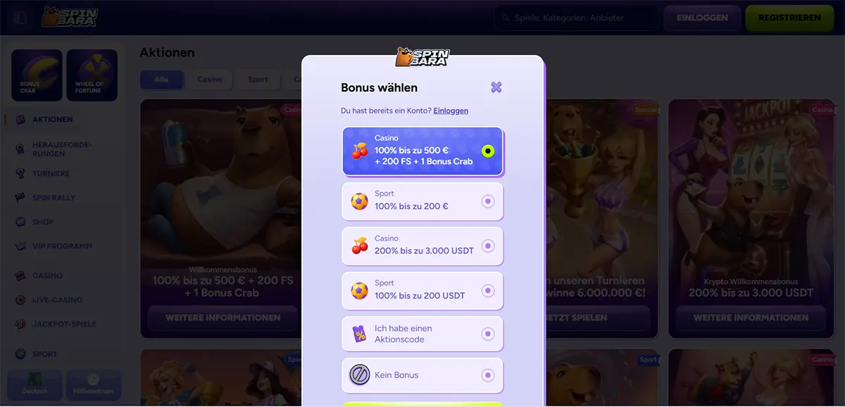 Spinbara promotions page with a German “Bonus wählen” pop-up listing bonus options, including a selected casino offer “100% bis zu 500 € + 200 FS + 1 Bonus Crab,” plus sport bonuses and USDT offers in a vertical list.